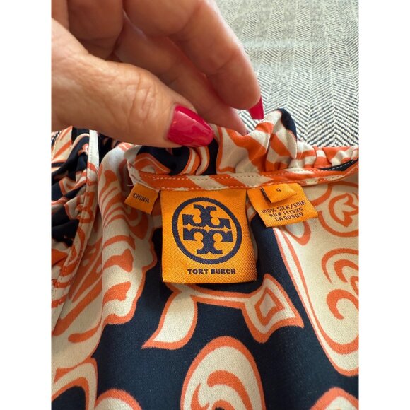 Tory Burch Womens Ruffle V Neck Sleeveless Top Size S Orange & Navy Paisley Prin - Picture 6 of 10